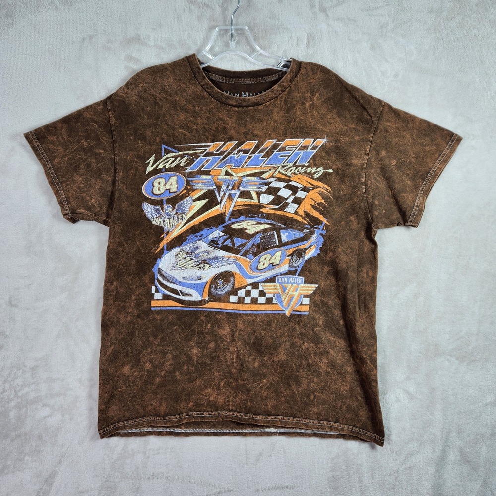 Van Halen‎ Racing Graphic T-Shirt Women Medium Brown Acid Wash Rock Band Tee